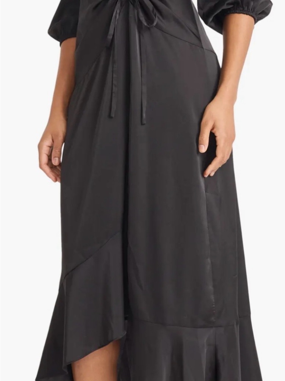 Donna Morgan Black Silk 3/4 Sleeve Dress, Slim Details on Waist, Flirty Hem - Picture 4 of 12